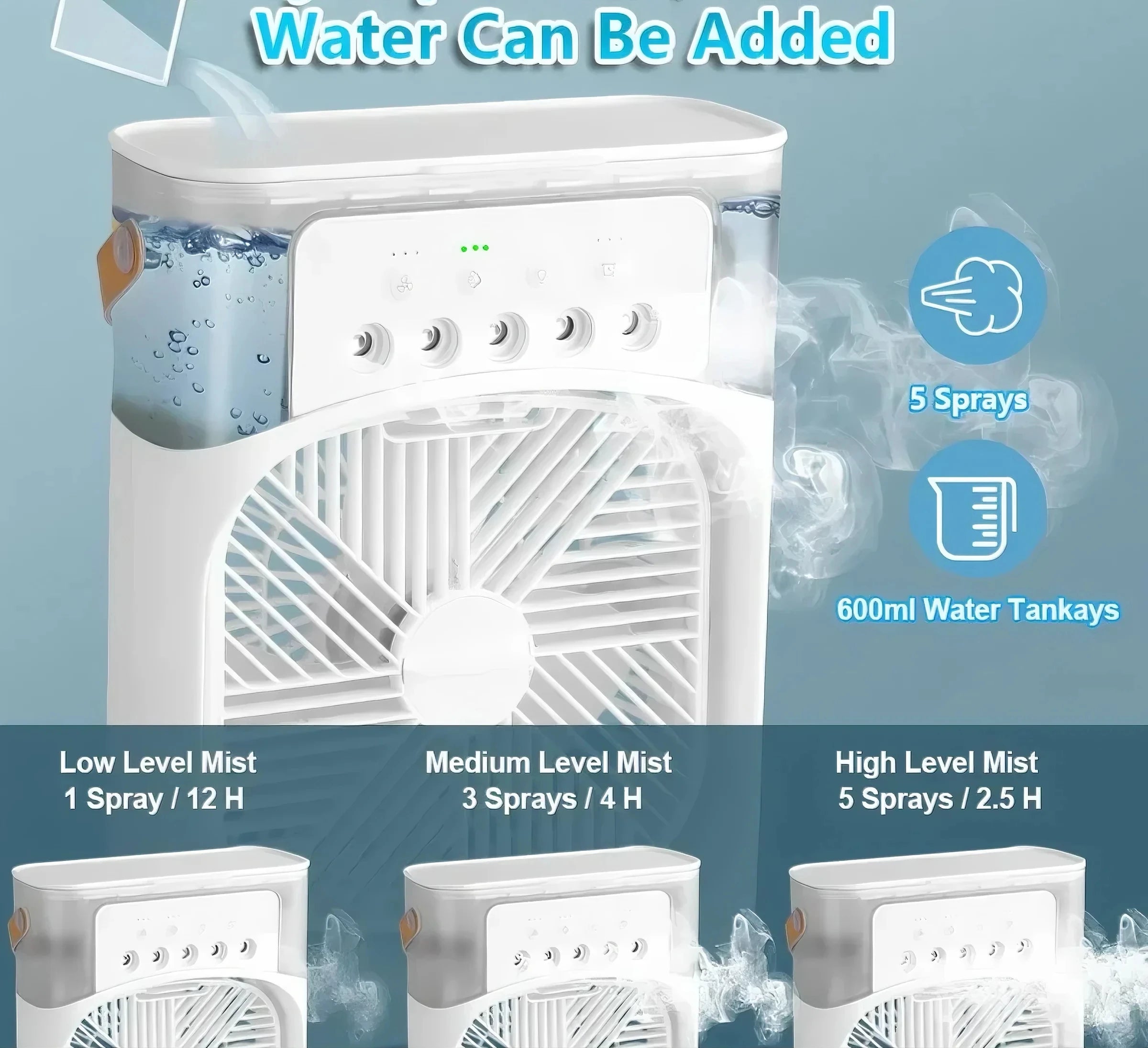 3-In-1 Portable Mini Air Cooler Fan with LED Night Light 5-Hole Humidifier 1-3H Timer for Home