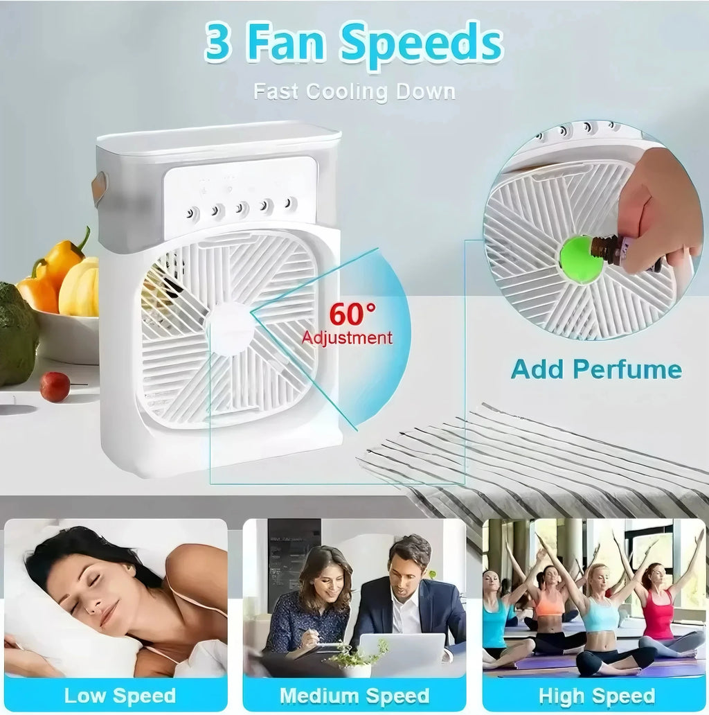 3-In-1 Portable Mini Air Cooler Fan with LED Night Light 5-Hole Humidifier 1-3H Timer for Home