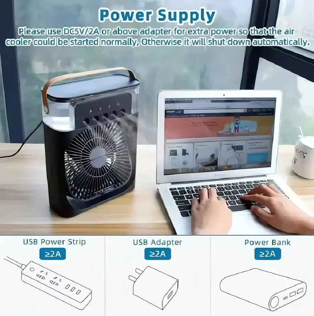 3-In-1 Portable Mini Air Cooler Fan with LED Night Light 5-Hole Humidifier 1-3H Timer for Home
