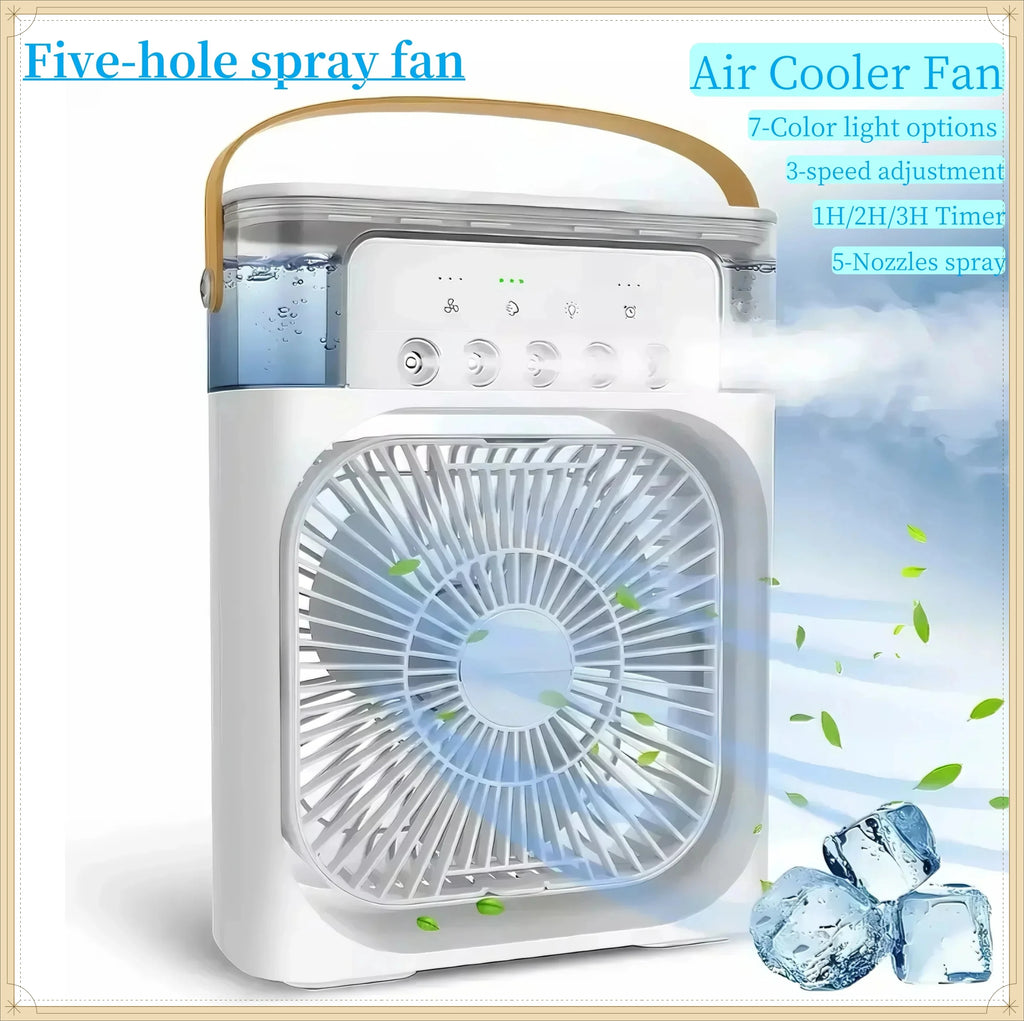 3-In-1 Portable Mini Air Cooler Fan with LED Night Light 5-Hole Humidifier 1-3H Timer for Home