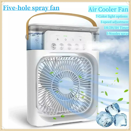 3-In-1 Portable Mini Air Cooler Fan with LED Night Light 5-Hole Humidifier 1-3H Timer for Home